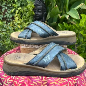 🏴󠁧󠁢󠁥󠁮󠁧󠁿 Dr. Martens MIE Blue Leather Criss-Cross Slides / Sandals UK 6