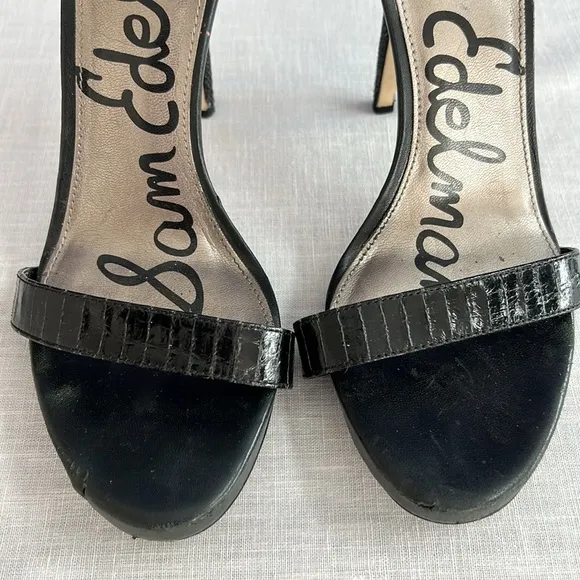 🌞 Sam Edelman black strappy leather upper snakeskin 5” stilettos 9