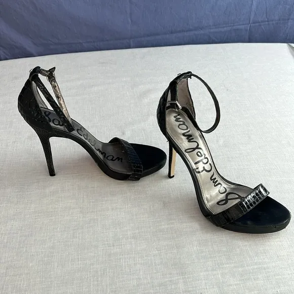🌞 Sam Edelman black strappy leather upper snakeskin 5” stilettos 9