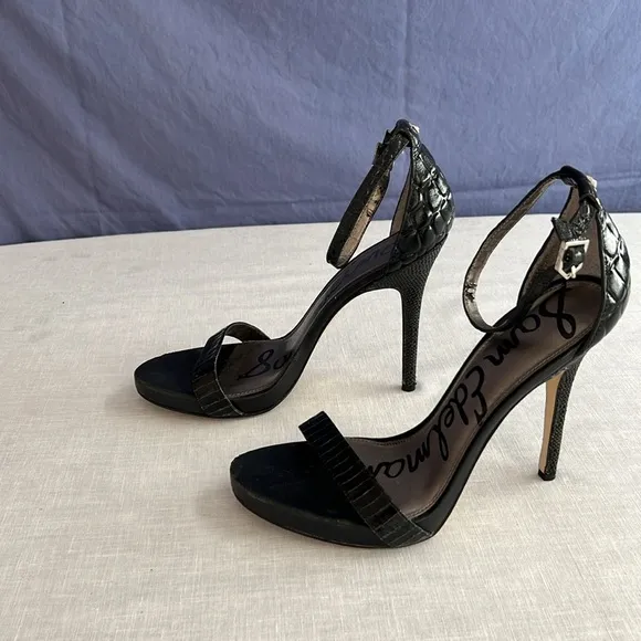 🌞 Sam Edelman black strappy leather upper snakeskin 5” stilettos 9