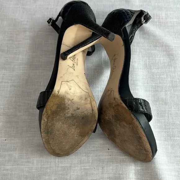 🌞 Sam Edelman black strappy leather upper snakeskin 5” stilettos 9