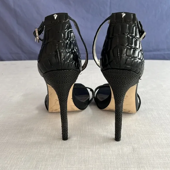🌞 Sam Edelman black strappy leather upper snakeskin 5” stilettos 9