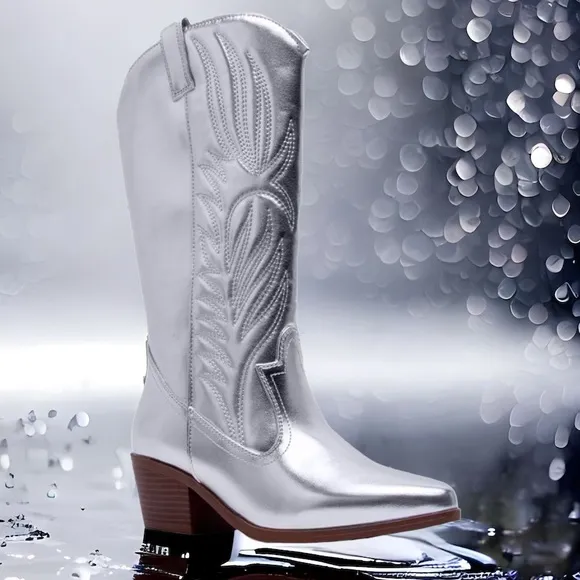 1 left! Qupid Shoes Montana-73 Metallic Silver Heeled Festival Cowboy Boots
