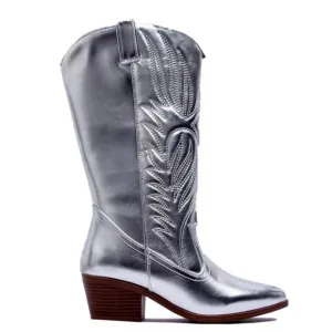 1 left! Qupid Shoes Montana-73 Metallic Silver Heeled Festival Cowboy Boots