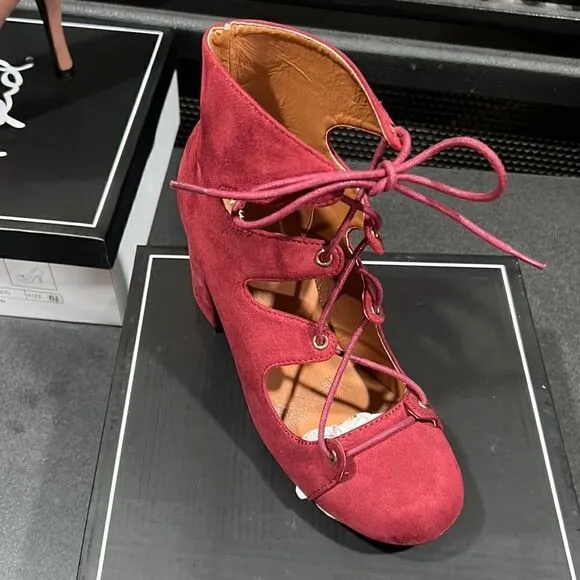 180. Burgundy Faux Suede Platform Unique Retro Block Lace-up Heels Qupid
