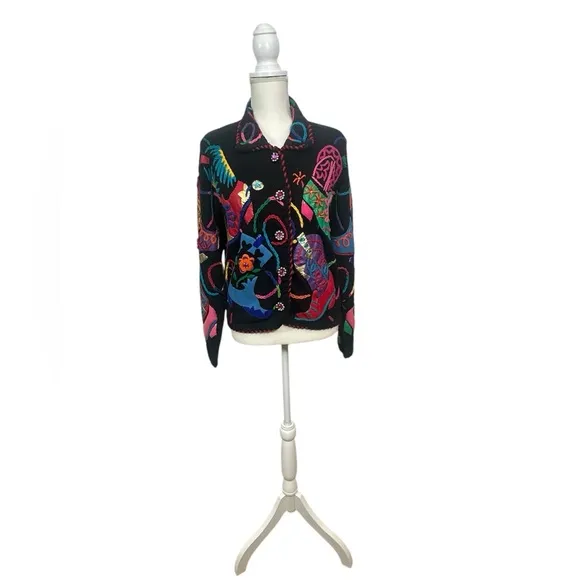 1990s Michael Simon black colorful western cowboy boots print jacket. Sz. M