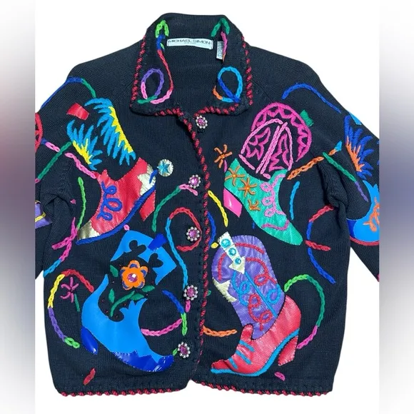 1990s Michael Simon black colorful western cowboy boots print jacket. Sz. M