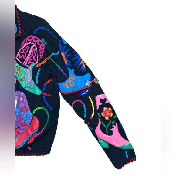 1990s Michael Simon black colorful western cowboy boots print jacket. Sz. M