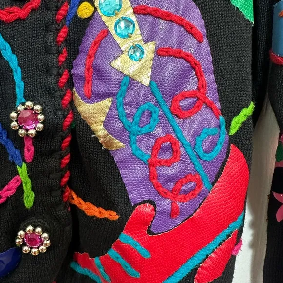 1990s Michael Simon black colorful western cowboy boots print jacket. Sz. M