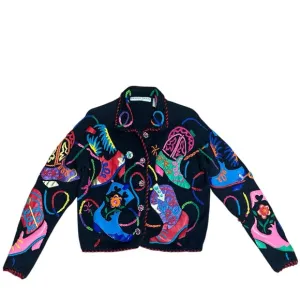 1990s Michael Simon black colorful western cowboy boots print jacket. Sz. M