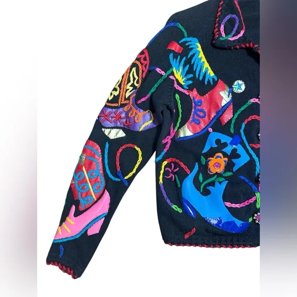 1990s Michael Simon black colorful western cowboy boots print jacket. Sz. M