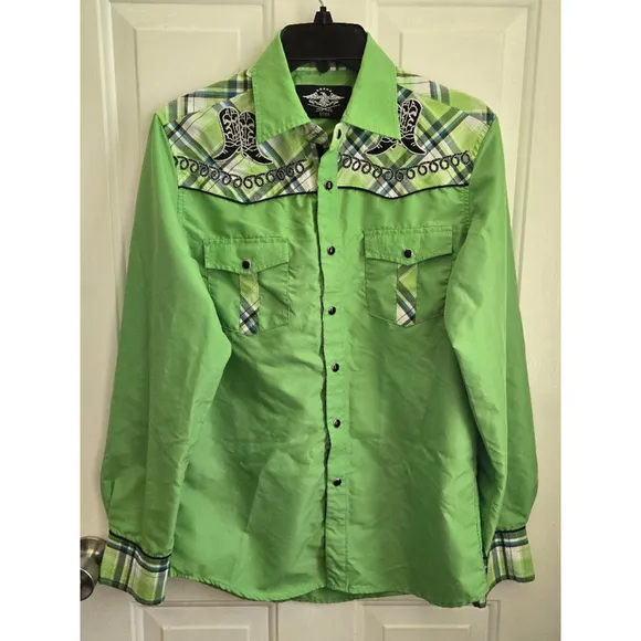 1990's Vintage Western Shirt Embroidered Cowboy Boots Green/Black/White