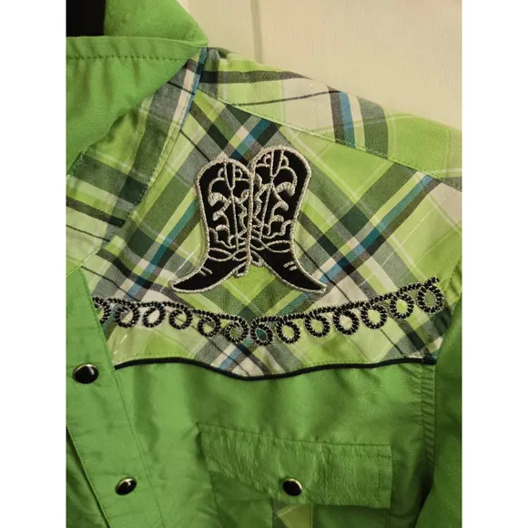 1990's Vintage Western Shirt Embroidered Cowboy Boots Green/Black/White