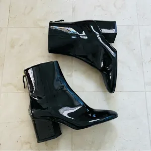 $258 J. Crew Made in Italy Black Patent Leather Block Heels Ankle Boots size 7