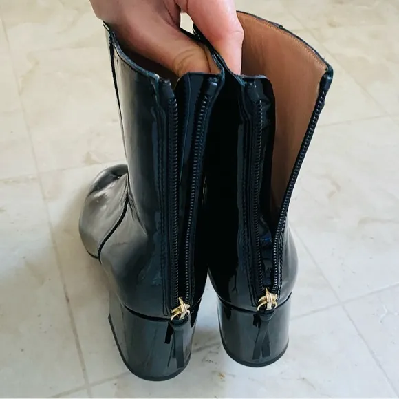 $258 J. Crew Made in Italy Black Patent Leather Block Heels Ankle Boots size 7