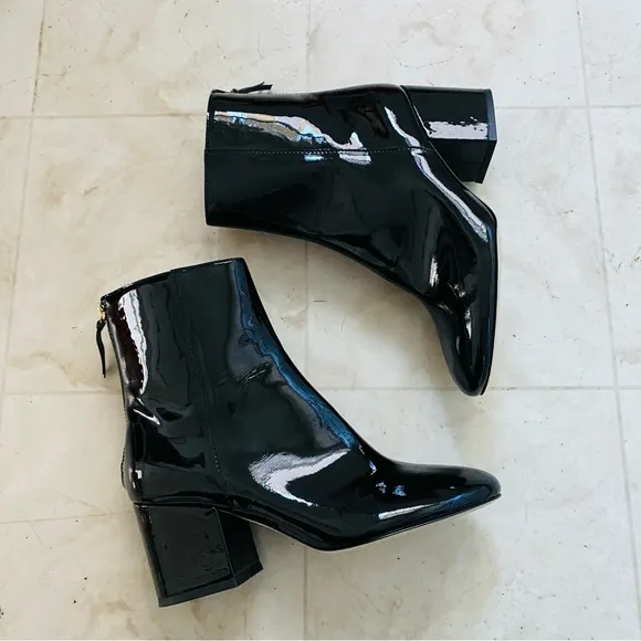 $258 J. Crew Made in Italy Black Patent Leather Block Heels Ankle Boots size 7