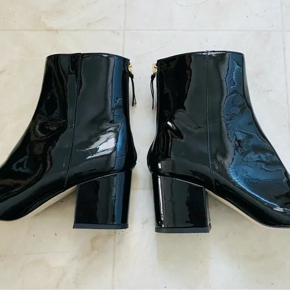 $258 J. Crew Made in Italy Black Patent Leather Block Heels Ankle Boots size 7