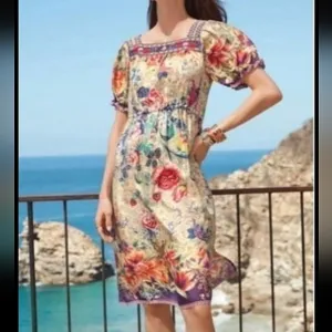 $498 EUC Johnny Was 100% Silk Midi Boho Dress, S -M
