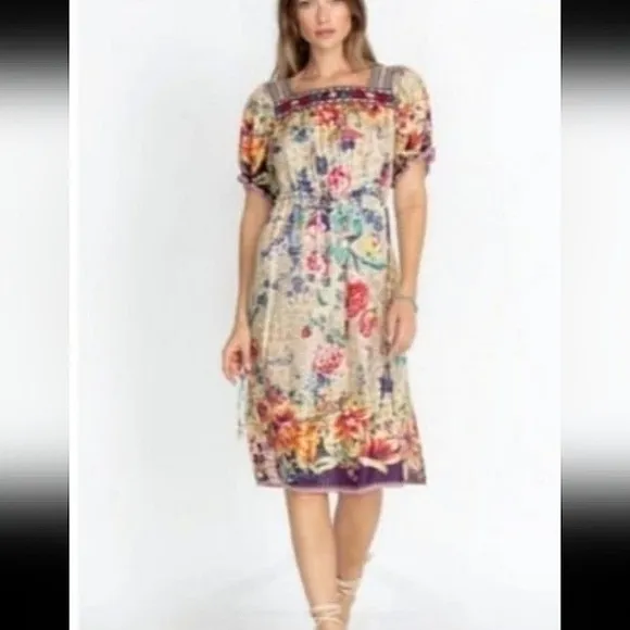 $498 EUC Johnny Was 100% Silk Midi Boho Dress, S -M