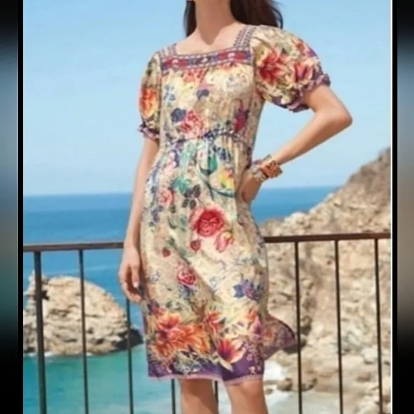 $498 EUC Johnny Was 100% Silk Midi Boho Dress, S -M