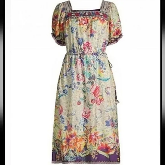$498 EUC Johnny Was 100% Silk Midi Boho Dress, S -M