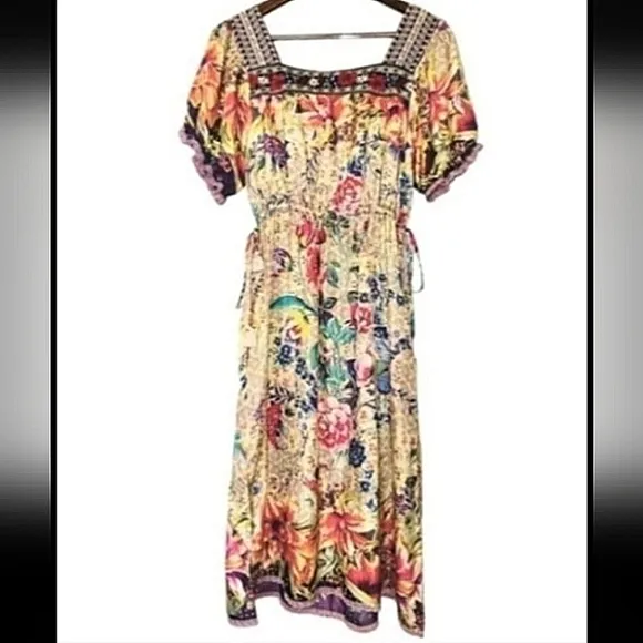 $498 EUC Johnny Was 100% Silk Midi Boho Dress, S -M