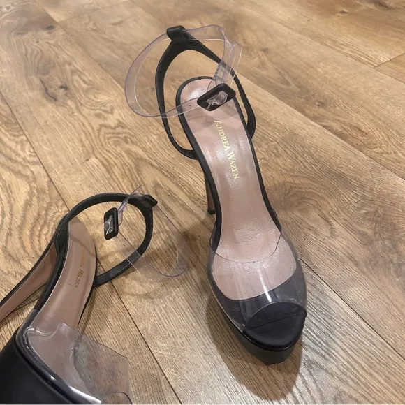 $620 ANDREA WAZEN Antigone PVC platform ankle strap sandals in black - Size 6.5
