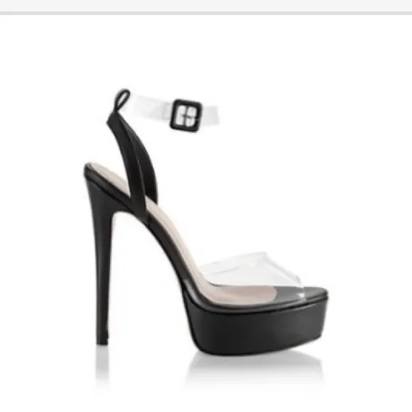 $620 ANDREA WAZEN Antigone PVC platform ankle strap sandals in black - Size 6.5