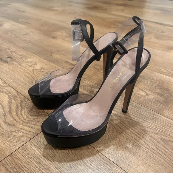 $620 ANDREA WAZEN Antigone PVC platform ankle strap sandals in black - Size 6.5