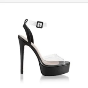 $620 ANDREA WAZEN Antigone PVC platform ankle strap sandals in black - Size 6.5