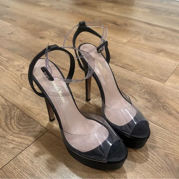 $620 ANDREA WAZEN Antigone PVC platform ankle strap sandals in black - Size 6.5