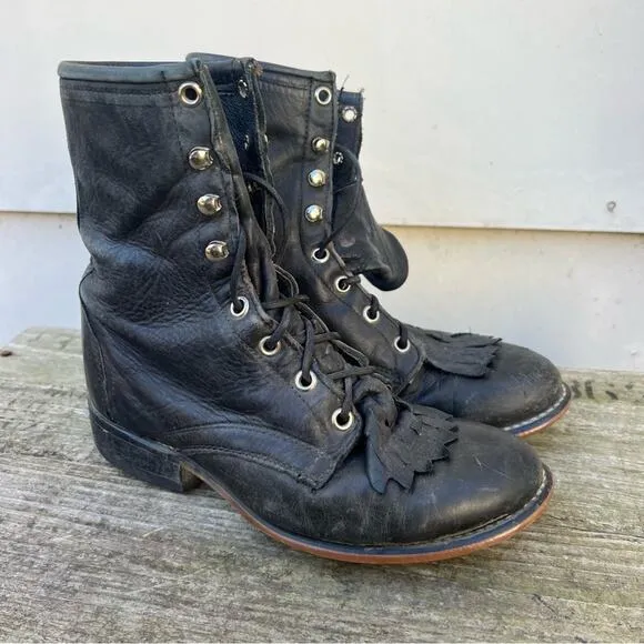 90s Laredo Black Leather Cowgirl Western Lace Up Roper Boots w/ Toe Kilte Fringe