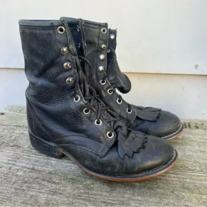 90s Laredo Black Leather Cowgirl Western Lace Up Roper Boots w/ Toe Kilte Fringe