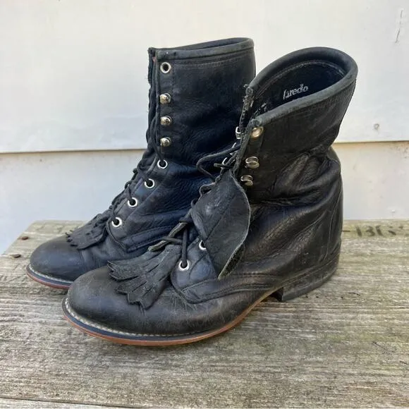 90s Laredo Black Leather Cowgirl Western Lace Up Roper Boots w/ Toe Kilte Fringe