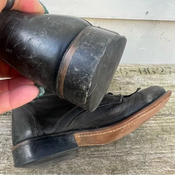 90s Laredo Black Leather Cowgirl Western Lace Up Roper Boots w/ Toe Kilte Fringe