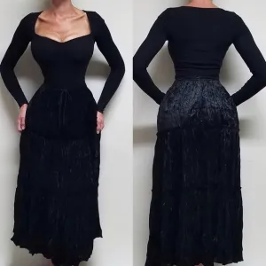 90s Vintage Black Tiered Crushed Velvet Stretch High Waist Midi Prairie Skirt