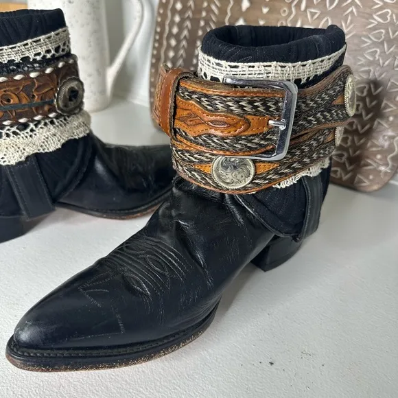 Abilene Upcycled Custom Bohemian Black and Brown Ankle Boots Belted Women’s 8.5