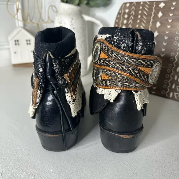 Abilene Upcycled Custom Bohemian Black and Brown Ankle Boots Belted Women’s 8.5
