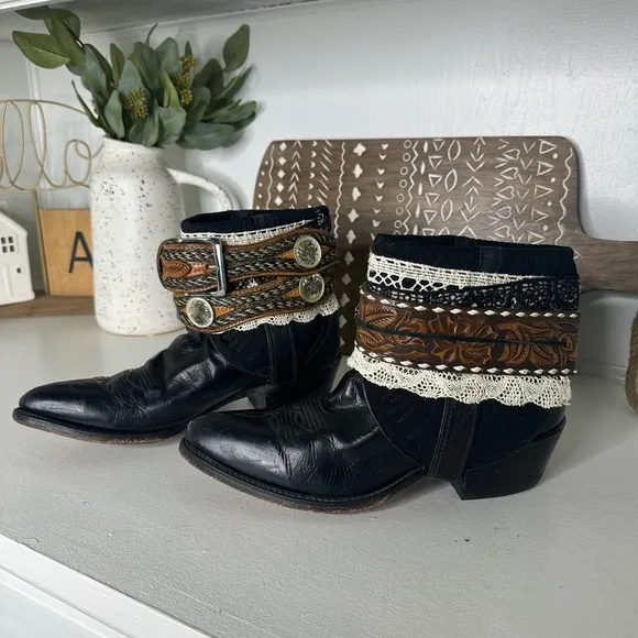Abilene Upcycled Custom Bohemian Black and Brown Ankle Boots Belted Women’s 8.5