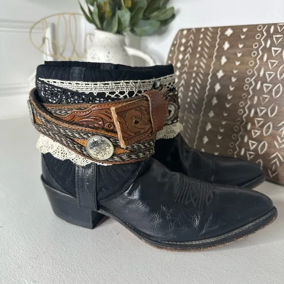 Abilene Upcycled Custom Bohemian Black and Brown Ankle Boots Belted Women’s 8.5