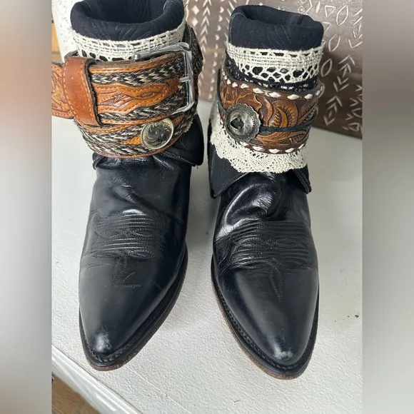Abilene Upcycled Custom Bohemian Black and Brown Ankle Boots Belted Women’s 8.5