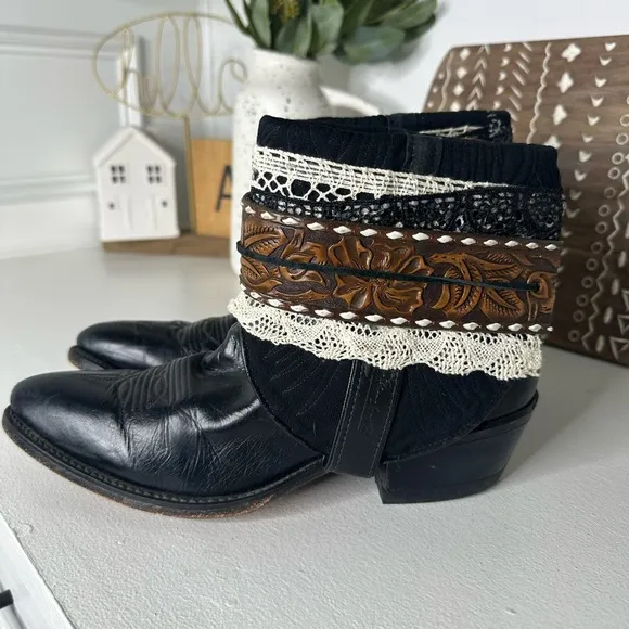 Abilene Upcycled Custom Bohemian Black and Brown Ankle Boots Belted Women’s 8.5