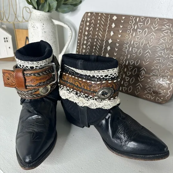 Abilene Upcycled Custom Bohemian Black and Brown Ankle Boots Belted Women’s 8.5