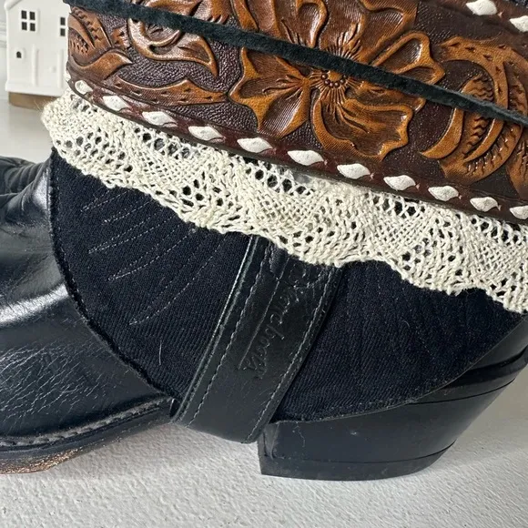 Abilene Upcycled Custom Bohemian Black and Brown Ankle Boots Belted Women’s 8.5