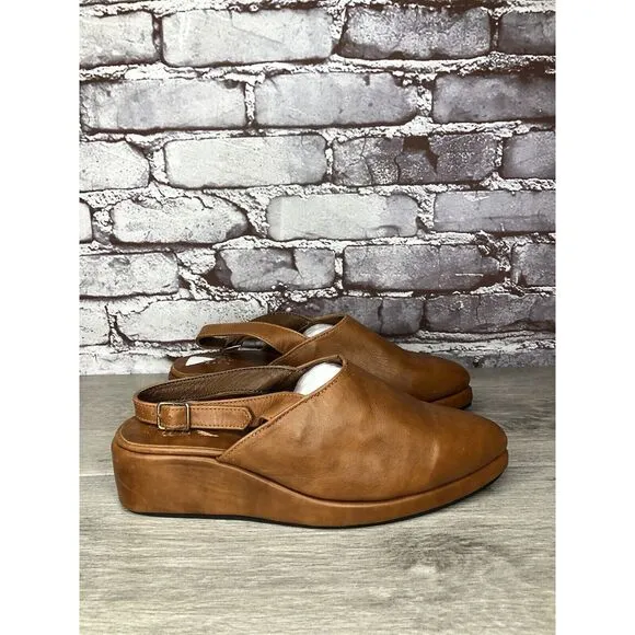 Abstract Stimulus Brown Leather Pointed Toe Platform Mule Shoes Women 8US/38.5EU