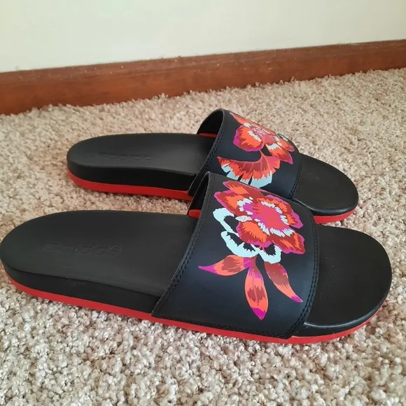 Adidas Adilette Comfort Slide Black Floral Slip On Sandals FZ1735 Size 9