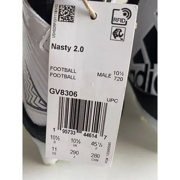 Adidas Nasty 2.0 Football Cleats White Black Shoes GV8306 Men’s Sz 11