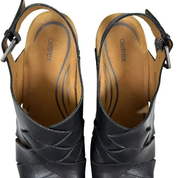 Aetrex Paige Slingback Platform Clog Comfort Shoes Black Leather Womens 10 EU 41