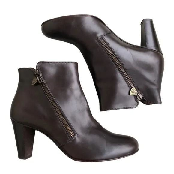 AGL Espresso Brown Side Zip Leather Ankle Bootie, Size 39.5