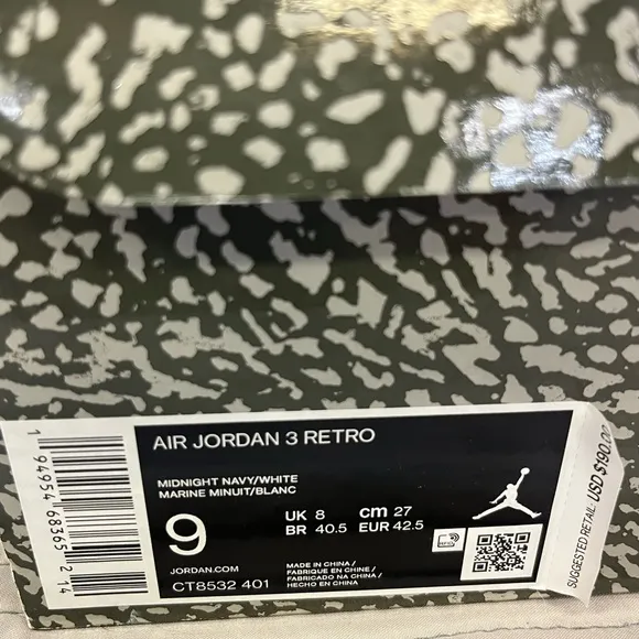 Air Jordan 3 Retro Basketball Shoes Midnight Navy Blue Mens Size 9 CT8532-401